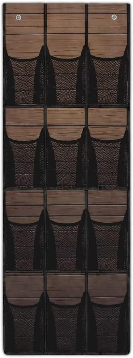 Wood Grain Over the Door Shoe Organizer 12 Large Mesh Pockets Shoe Rack for Door Foldable Hanger Storage Holder for Dorm Bedroom