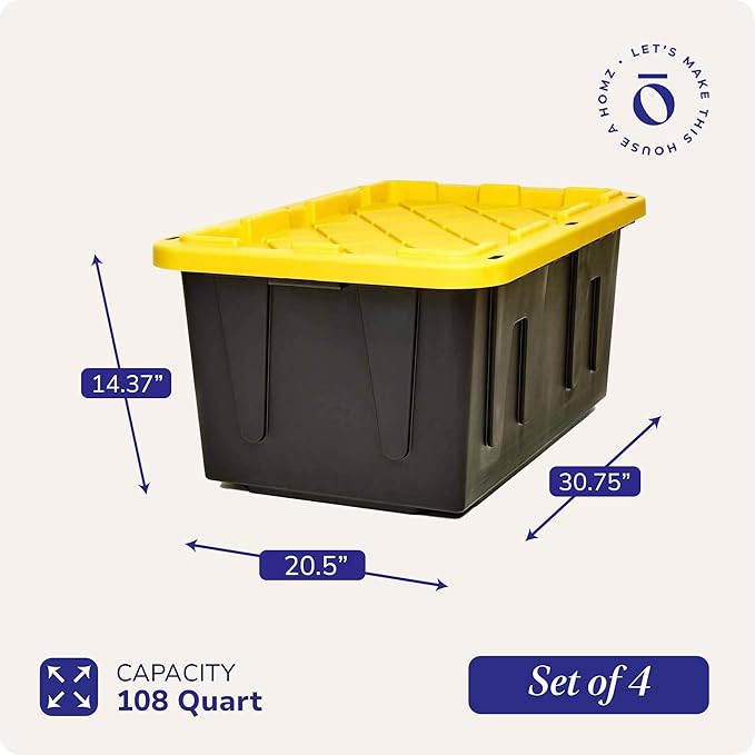 HOMZ 4-Pack Durabilt Tote, Heavy Duty Plastic Storage Bins with Lids, 27 Gallon, Black/Yellow - Stackable Organizing Containers for Home, Garage, and Shed