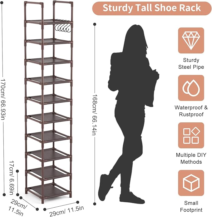 LANTEFUL Tall Shoe Rack 10-Tier Narrow Shoe Shelf Storage for 10-15 Pairs Shoe and Boot, Sturdy Shoe Storage Space Saving Corner Shoe Rack Organizer for Closet, Entryway, Living Room, Brown