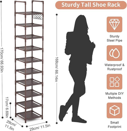 LANTEFUL Tall Shoe Rack 10-Tier Narrow Shoe Shelf Storage for 10-15 Pairs Shoe and Boot, Sturdy Shoe Storage Space Saving Corner Shoe Rack Organizer for Closet, Entryway, Living Room, Brown