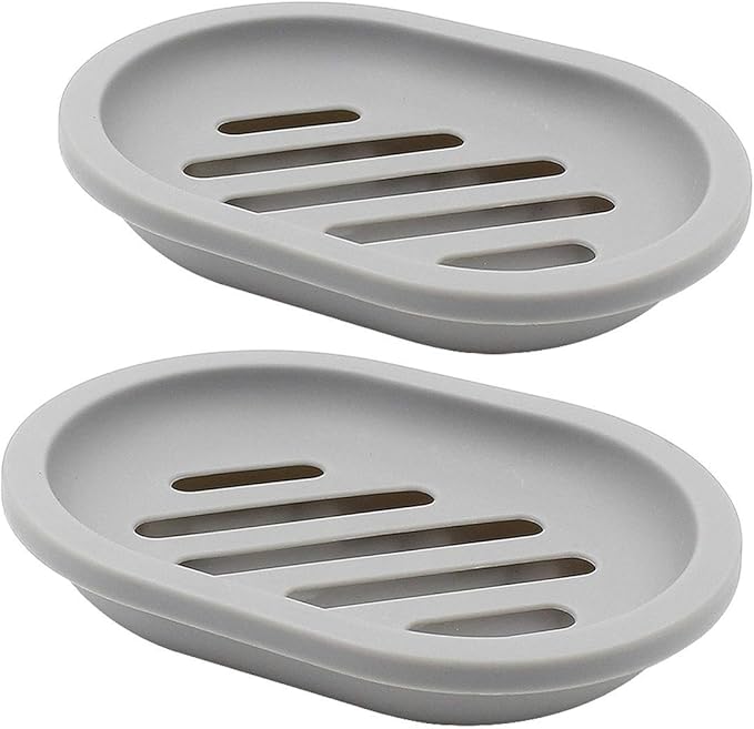 Soap Dish with Water Drainage Design for Drying and Saving Soap, Bathroom Kitchen Sponges Holder (Grey - Oval) 2 Pack