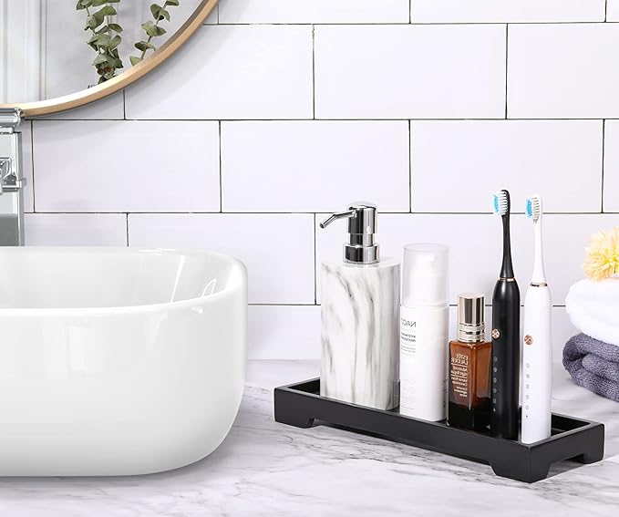 Luxspire Bathroom Vanity Tray, Resin Black Bathroom Tray Toilet Tank Tray, 11.2x4.1 inch Kitchen Sink Trays, Countertop Organizer for Candles Soap Towel Perfume Holder Jewelry Dish, Small, Matte Black