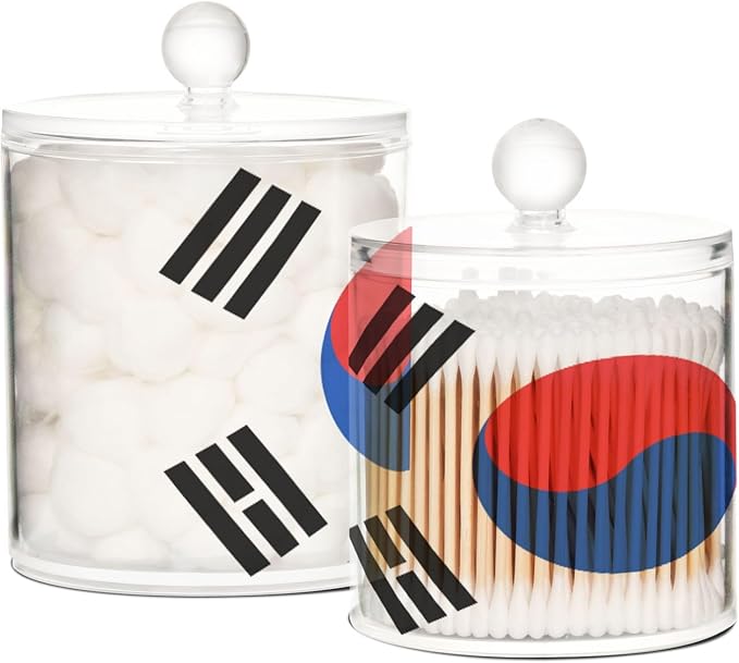 DOMIKING South Korea Flag 2 Pack Bathroom Canisters Cotton Swab Holder Dispenser Plastic Cotton Ball Jar Acrylic Storage Containers for Makeup Sponges Floss Cotton Ball
