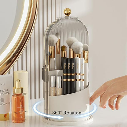 Makeup Brush Holder Organizer with Lid, 360° Rotating Clear Dustproof Cosmetics Storage, Makeup Brushes Cup Pen Holder for Vanity Desktop Bathroom Countertop (Clear White Cap)
