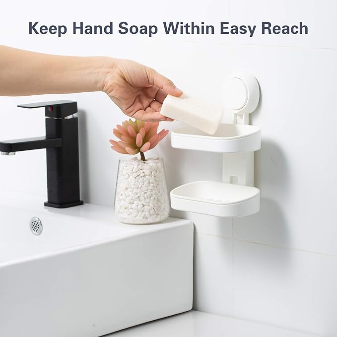HOME&I Suction Cup Soap Dish Holder – Strong Vacuum Suction, Waterproof, Self-Draining Soap Dish for Shower, Bathroom, Kitchen Sink – No Drilling, Reusable (White)