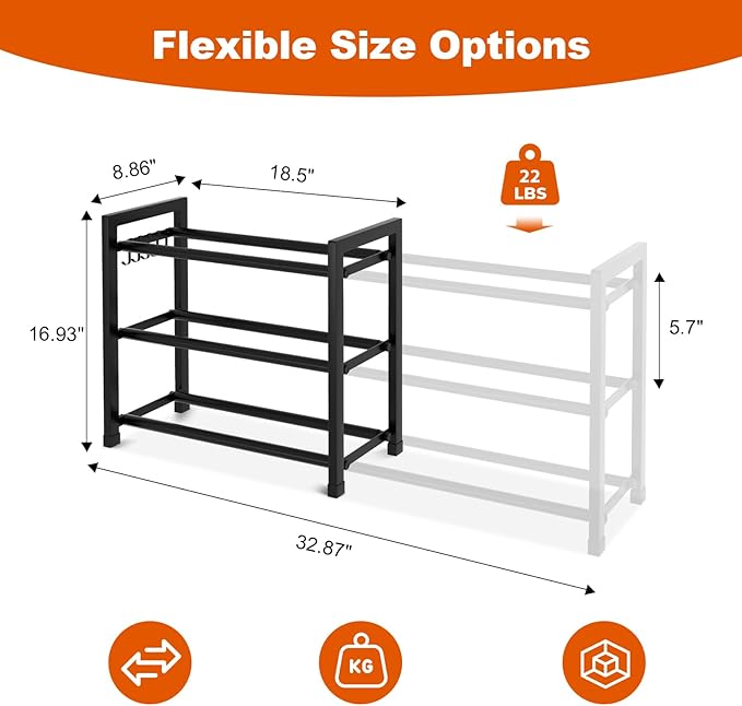 Expandable Shoe Rack for Small Spaces, Adjustable Width 18.5"–33", 3-Tier Sturdy Metal Shoe Organizer for Entryway, Closet, Bedroom Garage Dorm, Free Standing Shoe Organizer 12 Pairs with Hooks, Black