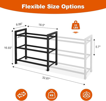 Expandable Shoe Rack for Small Spaces, Adjustable Width 18.5"–33", 3-Tier Sturdy Metal Shoe Organizer for Entryway, Closet, Bedroom Garage Dorm, Free Standing Shoe Organizer 12 Pairs with Hooks, Black