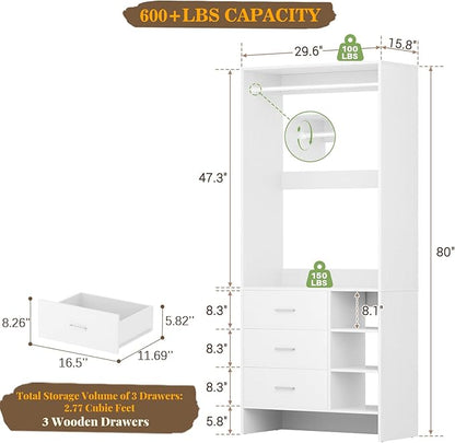 Aheaplus 2.5FT Closet System with 3 Drawers, 29.5’’ Closet Organizer, Wood Closet Organizer System, Walk-in Closet or Small Closets Wardrobe, Clothes Rack with Hanging Rods,-E6, White