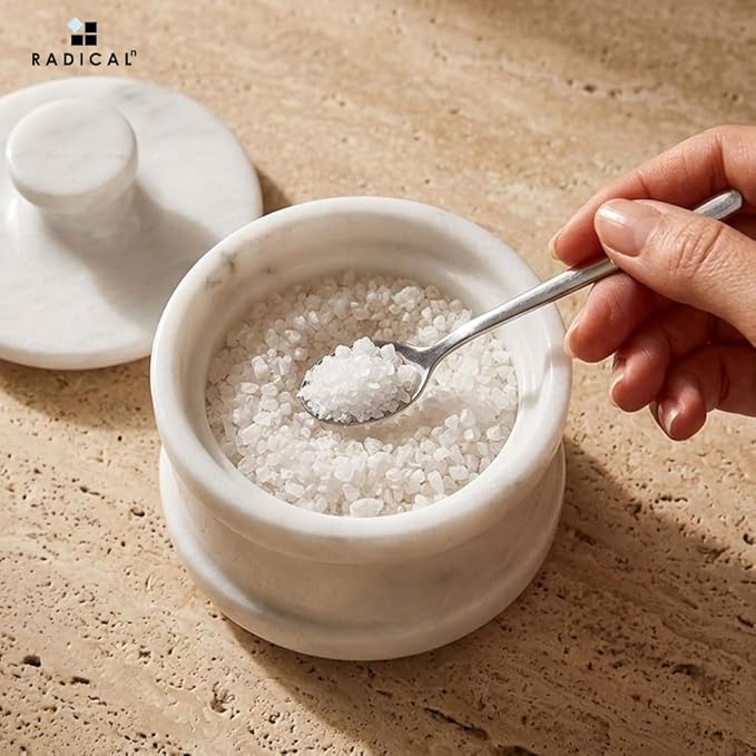 Radicaln Marble Salt Cellar with Lid 4" Inch White Handmade Table Salt Container & Sugar Bowl For Kitchen Countertop, Ideal Salt Dish & Salt Jar for Celtic Salts
