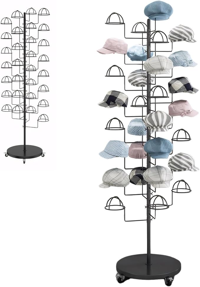 Hat Rack Stand, Metal Hats Display Stand, Standing Hat Rack, Hat Tree Stand with 30 Circular Hooks, Ball Cap Storage Organizer Rack for Stores/Home(Black)