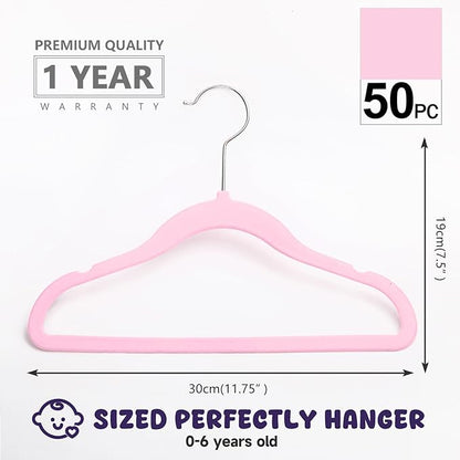 MIZGI Baby Velvet Hangers,Non-Slip Kids & Toddler Hangers,11.8 Inch Hangers for Baby Clothes,Pack of 50（Pink/Silver）
