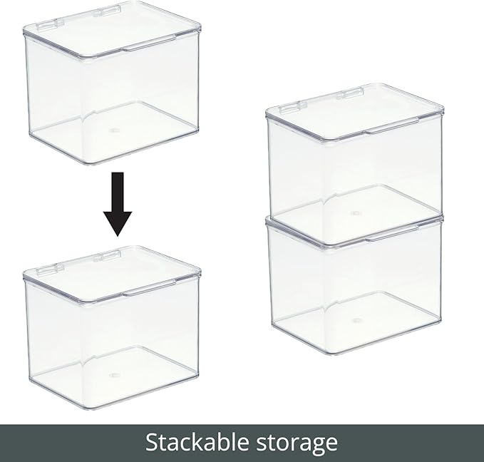 mDesign Plastic Bathroom Storage Organizer Box w/Hinge Lid for Closet, Shelf, Cupboard, Vanity, Hold Medicine, Lotion, Cotton Swabs, Masks, Styling Tools, Lumiere Collection, 8 Pack, Clear