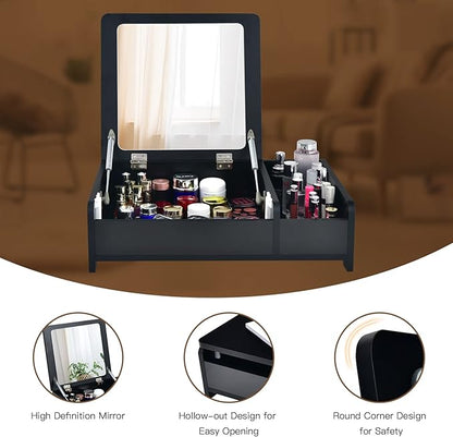 CHARMAID Countertop Vanity with Flip Top Mirror, 24inch Tabletop Laptop Desk with 2 Compartments Organizer, Modern Bedroom Makeup Dressing Vanity Mirror Cosmetic Storage Box Desktop (Black)