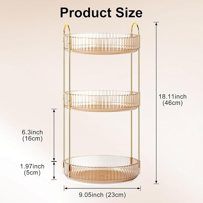 360 Rotating Makeup Organizer for Vanity, 3 Tier Perfume Skincare Organizers and Storage for Bathroom Countertop, Large Capacity Clear Spinning Counter Cosmetic Holder for Dresser, Amber Gold
