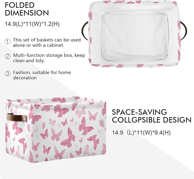 Watercolor Pink Butterfly Storage Basket Bin, Large Cube Storage Box Canvas Collapsible Storage Organizer for Home Office Closet - 15 L x 11 W x 9.5 H