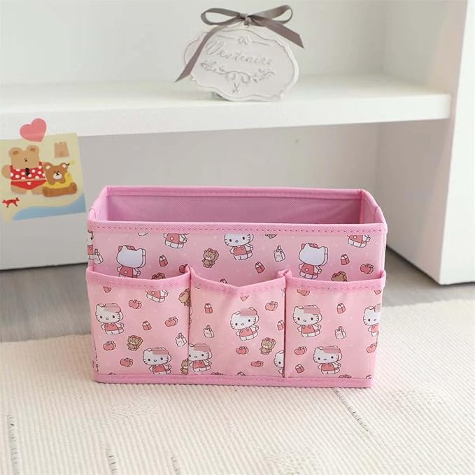 Kawaii Collapsible Storage Bin, 4 Grids Anime Storage Box Storage Basket Makeup Holder Office Desk Organizer Room Decor for makeup brush，lipstick，hair accessories... (Cat)