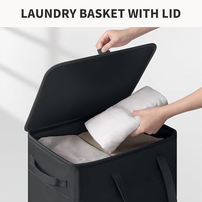 Goodpick Black Laundry Basket with Wheels and Lid, 75L Rolling Laundry Hamper for Dorm Bathroom, Large Tall Dirty Clothes Hamper with Removable Wash Bag, 16.5" x 12.5" x 27.5"