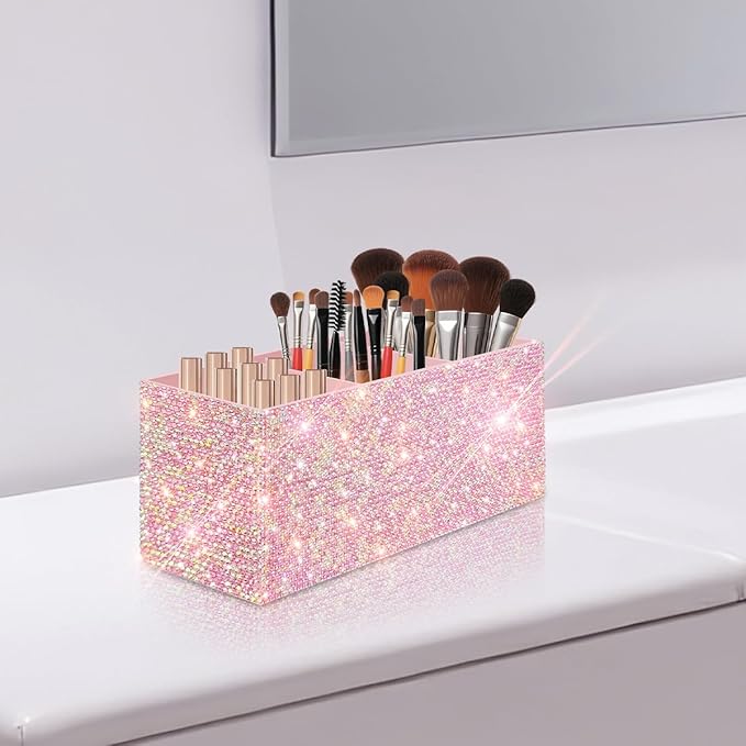 Bling Makeup Brush Holder Organizer, 3 Slot Sparkle Cosmetics Brushes Storage Holders with Shiny Rhinestones, Glitter Cute Pen and Pencil Holder for Desk, Eyeliners Display Case for Vanity（Pink）