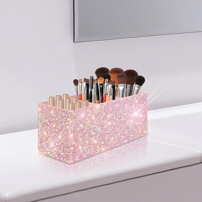 Bling Makeup Brush Holder Organizer, 3 Slot Sparkle Cosmetics Brushes Storage Holders with Shiny Rhinestones, Glitter Cute Pen and Pencil Holder for Desk, Eyeliners Display Case for Vanity（Pink）