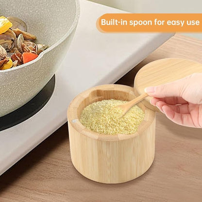 Magnetic Rotating Lid Bamboo Spice Jar with Built in Spoon, 6oz Salt Cellar Small Sal-t Box, Kitchen Salt Pepper Shaker, Easy-Pour Spice Dispenser for Sugar, Herbs, Seasonings(COLOR:Wood)