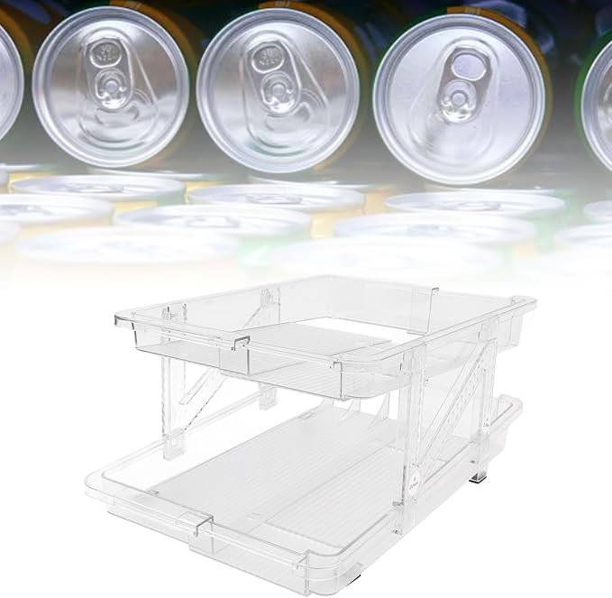 Rolling Soda Can Organizer 2 Layer Expandable Automatic Rolling Beverage Dispenser Beer Can Holder Refrigerator Pantry Freezer (Clear White)