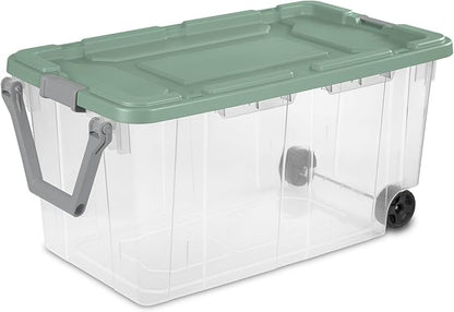 Extra Large Storage Bin, 40 Gallon Wheeled Plastic Storage Container with Handle,Pack of 2 (Clear/Green)