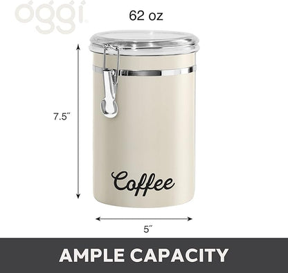 Oggi Stainless Steel Coffee Canister 62 fl oz - Airtight Clamp Lid, Warm Gray, Tinted See-Thru Top - Ideal for Coffee Bean Storage, Ground Coffee Storage, Kitchen Storage, Pantry Storage. 5 x 7.5