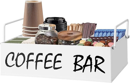Coffee Station Organizer with Handles, Metal Coffee Bar Accessories Organizer for Countertop, Pod Holder Basket for Sugar Tea - White Table Decor