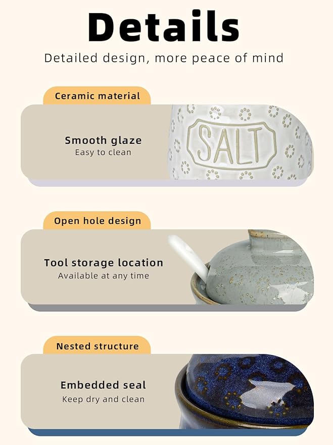 Salt & Pepper Bowl with Lid and Spoon, 10 OZ Ceramic Spices Cellar for Kitchen Counter top, Farmhouse Kitchen Decor (Vntage Blue, 4.3" Label Salt)