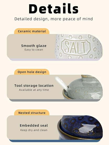 Salt & Pepper Bowl with Lid and Spoon, 10 OZ Ceramic Spices Cellar for Kitchen Counter top, Farmhouse Kitchen Decor (Vintage Grey, 4.3" Label Salt)