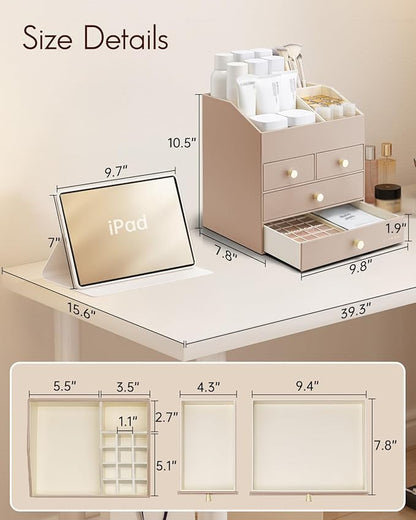 VLANDO Makeup Organizer Countertop,Large Vanity Organizer PU Leather Make up Storage with 4 Drawers Skin care Organizer Cosmetic Display Case for Lipstick,Brushes,Bedroom-Toffee
