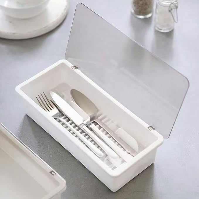 White Flatware Tray Kitchen Drawer Organizer With Lid And Drainer - Plastic Kitchen Cutlery Tray and Utensil Storage Container with Cover - 11.0 Inch Silverware Holder Drawer Organizer