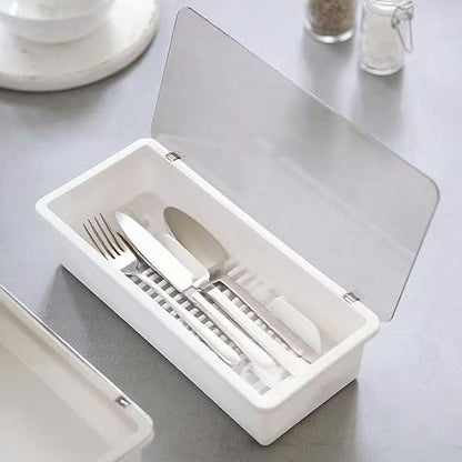 White Flatware Tray Kitchen Drawer Organizer With Lid And Drainer - Plastic Kitchen Cutlery Tray and Utensil Storage Container with Cover - 11.0 Inch Silverware Holder Drawer Organizer