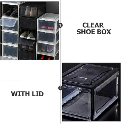 NUOBESTY Small Sneaker Shoe Box Clamshell Lid, Stackable Drawer-style Shoe Storage Container for Men and Women, Black Snap Closure Organizer for Closet and Display