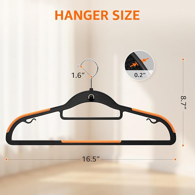 Yolife Cascading Plastic Clothes Hangers 10 Pack with Inner Hook for Vertical Storage, Slim Space Saving Hangers with Non-Slip Pads, 360° Swivel Metal Hook, Versatile, Black & Orange