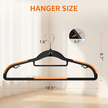 Yolife Cascading Plastic Clothes Hangers 10 Pack with Inner Hook for Vertical Storage, Slim Space Saving Hangers with Non-Slip Pads, 360° Swivel Metal Hook, Versatile, Black & Orange