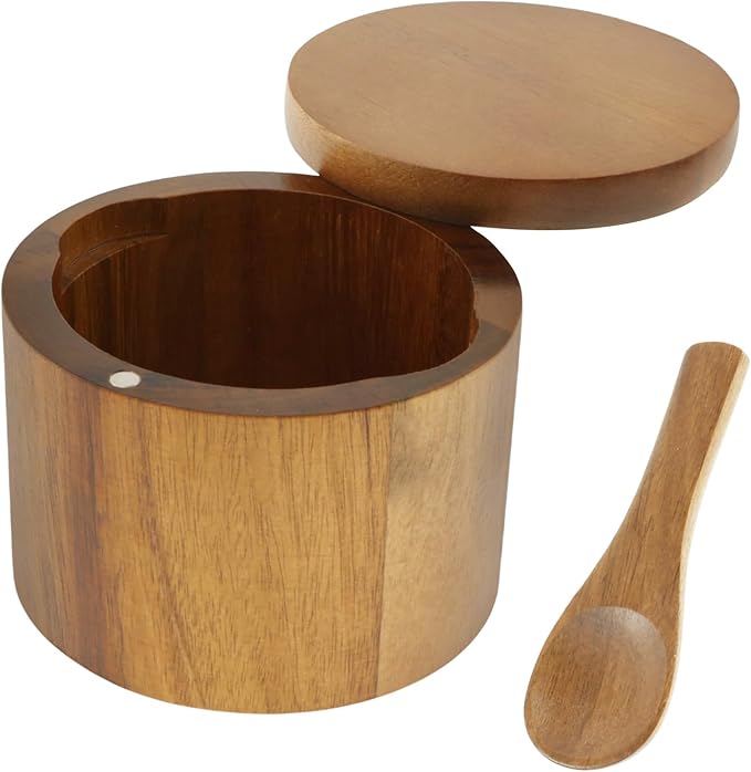 UKQRRTC Acacia Wood Salt Bowl with Built in Spoon and Magnetic Swivel Lid Round Salt Cellar Kitchen Salt Holder for Storing Salt Pepper Sugar Spice (Style 1)