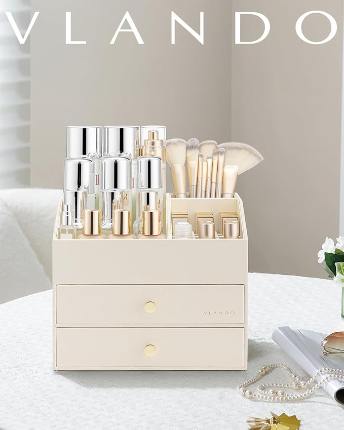 VLANDO Makeup Organizer for Vanity,Large Capacity Bathroom Counter Organizer with Drawers,PU Leather Skin Care Storage for Lipstick,Brushes,Perfumes (Beige)