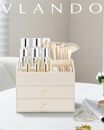 VLANDO Makeup Organizer for Vanity,Large Capacity Bathroom Counter Organizer with Drawers,PU Leather Skin Care Storage for Lipstick,Brushes,Perfumes (Beige)