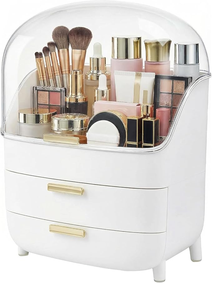 novelinks 3-Tier Skincare Makeup Organizer with Drawers and Dustproof Lid, Large Capacity Vanity Cosmetic Storage Box for Perfume, Lotion, Makeup Brushes & Beauty Accessories