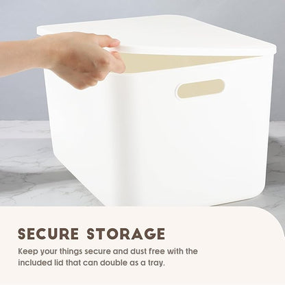 Tuanse 8 Pieces White Plastic Storage Bins with Lids, Stackable Storage baskets with Handle Containers Box for Shelves Drawers Desktop Playroom Classroom Office Organization(16 x 12 x 9.7 Inches)