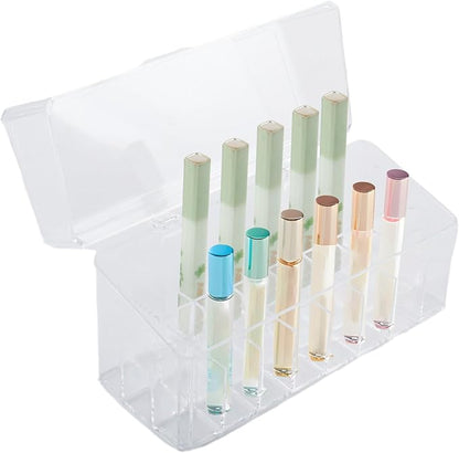 Klmnop Rollerball Perfume Organizer, 24 Grids Clear Acrylic Perfume Organizer Holder with Lid, Container Storage for Mini Perfume, Perfume Sample and Lipstick(Clear)