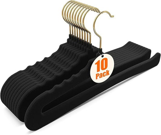 Flottian 10 Pack Velvet Pants Hangers - Open Ended Non-Slip Heavy Duty Closet Organizers with 360° Swivel Hook, Space-Saving Felt Hangers for Pants, Jeans, Dresses & Towels, Black