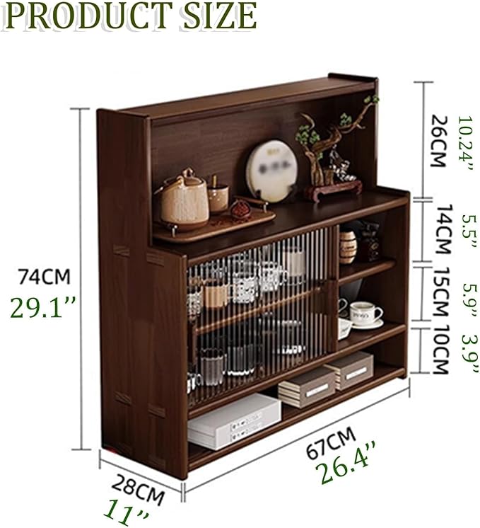 Home Furnishing Vintage Wood Desktop Cup Holder Storage Cabinet for Coffee Station Bar Adjustable Display Shelf with Glass Sliding Door for Kitchen Dining Room Office(Brown)