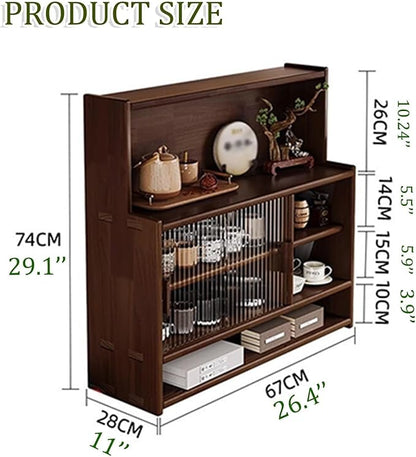 Home Furnishing Vintage Wood Desktop Cup Holder Storage Cabinet for Coffee Station Bar Adjustable Display Shelf with Glass Sliding Door for Kitchen Dining Room Office(Yellow)