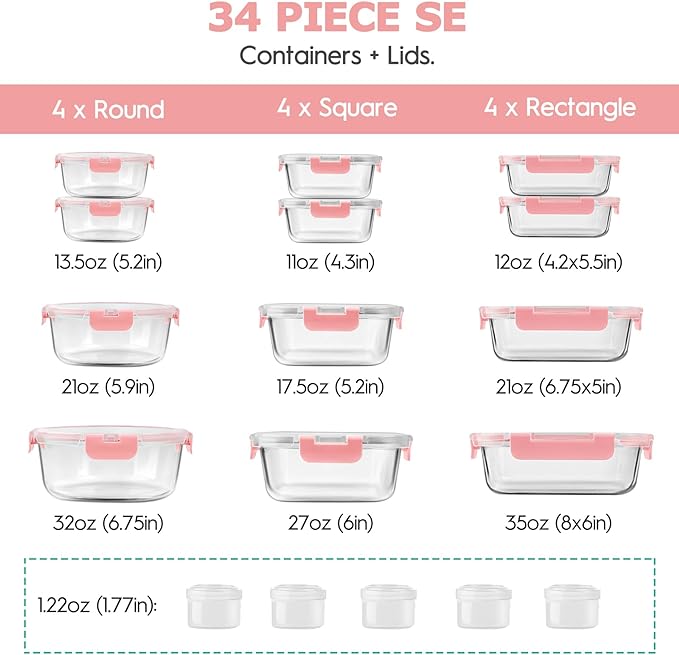 34pcs Glass Food Storage Containers with Lids Set, Airtight Glass Meal Prep Containers (17 Containers & 17 Lids), Leak Proof Lunch Container BPA-Free, Microwave, Oven, Freezer, Dishwasher Safe-PINK