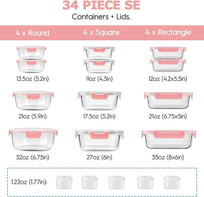 34pcs Glass Food Storage Containers with Lids Set, Airtight Glass Meal Prep Containers (17 Containers & 17 Lids), Leak Proof Lunch Container BPA-Free, Microwave, Oven, Freezer, Dishwasher Safe-PINK