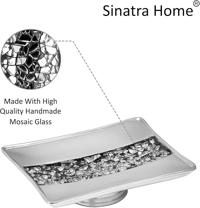 Zahari Home Sinatra Soap Dish Unique Design Stylish Bling Glass Mosaic Décor Soap Bar Holder, Silver