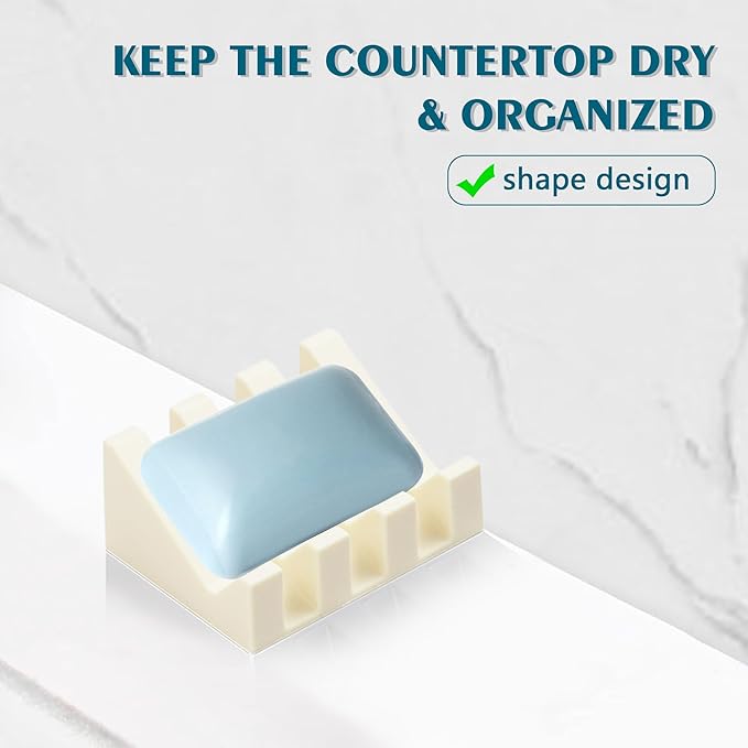 Self Draining Soap Dish Holder,Silicone Soap Dish,for Bathroom,Kitchen, Sponges，Can Extend Soap Life，Keep Soap Bars Dry and Easy Cleaning (Cream White,2-Pack)