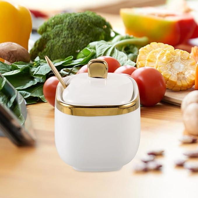 BESTOYARD Small Ceramic Seasoning Jar with Lid and Spoon 3.54 Inch Porcelain Spice Container for Kitchen Countertop Storage of Salt Sugar Herbs